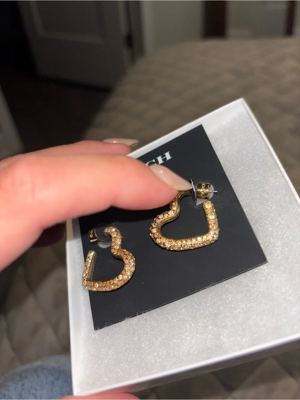 COACH Gold Crystal Heart Hoop Earrings